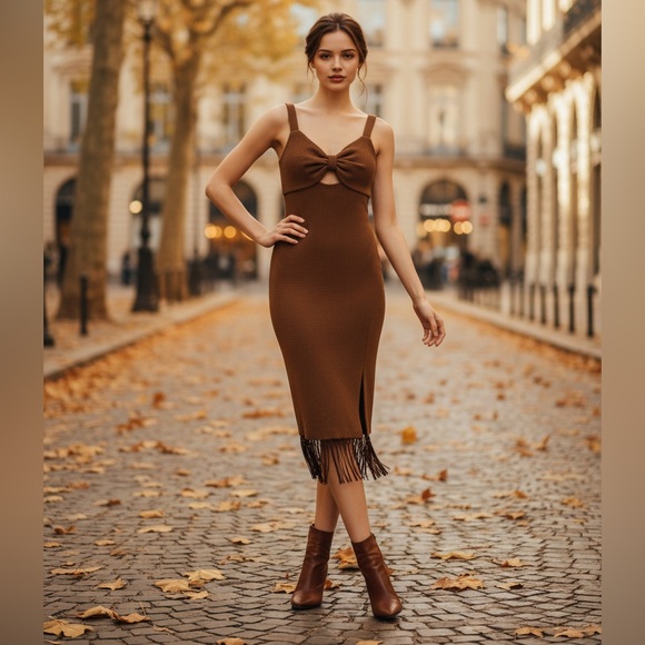 Adrianna Papell Dresses & Skirts - Adrianna Papell Brown Midi Dress with Fringe